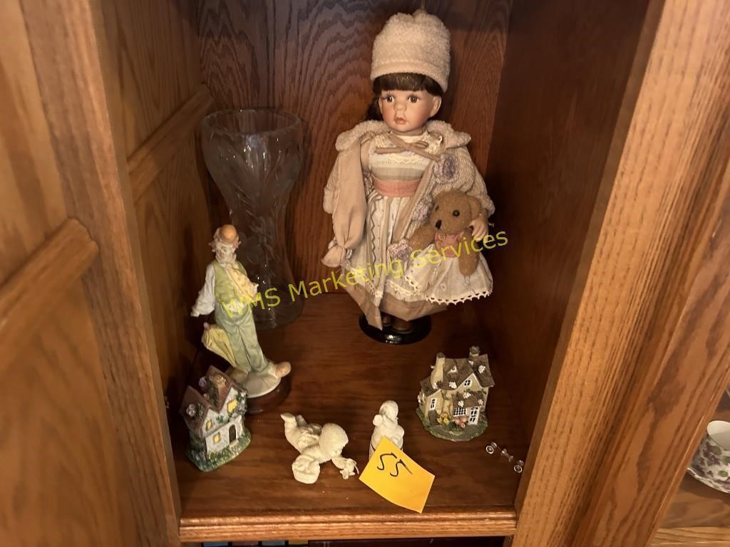 Doll, Large Glass Vase, Clown Figurine