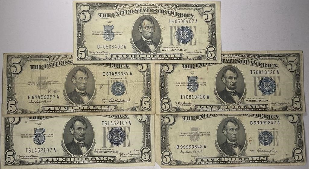 Lot of 5: $5 Silver Certificates