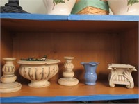Table De'core, Plant Bowl, Candlesticks, Blue Vase