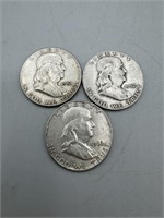 Franklin Silver Half Dollars, 1952-D, 1953 & 1962-