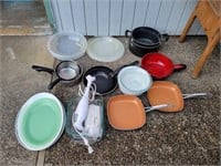 Assorted Pans, Dishes & Sunbeam Hand Mixer