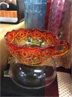 Orange and red cut glass bowl