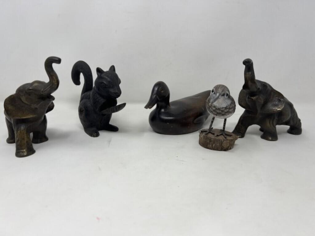 Cast Iron Squirrel Nut Cracker, 2-Brass Elephants,