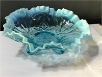 OPALESCENT BLUE GLASS 3 FOOTED RUFFLED BOWL