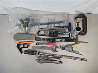 Lot of Wrenches, Clamps, Pry Bar, Sharpening Stone