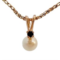 Pearl & Blue Spinel Pendant 14k Yellow Gold