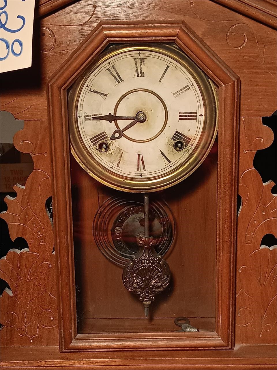 Walnut "Ingraham" Kitchen Clock, With Key. Runs.