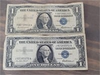 Two Blue Seal Silver Certificate 1957 $1 bills