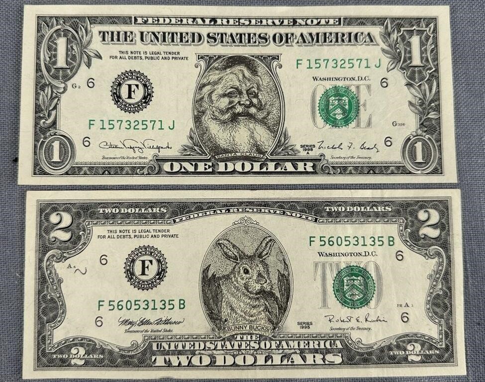 Rare 'Santa & Bunny' 1 & 2 Dollar Bills See
