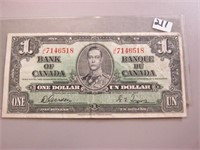 1937 One Dollar Bank of Canada Paper Money
