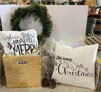 Wreath, 2 Pillows, Bag of Pine Cones, Wooden Box