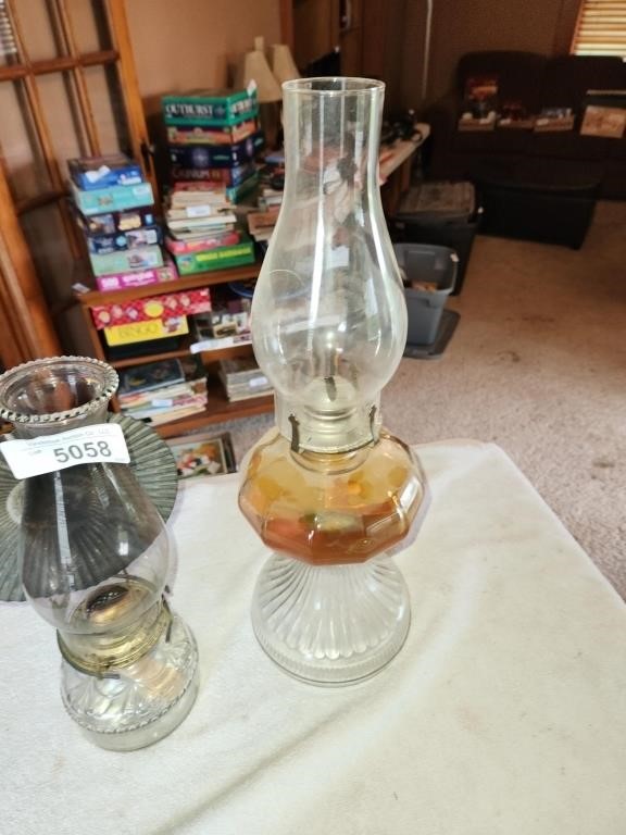 2 Vintage Glass Kerosene Lamps w/ Extra Chimneys