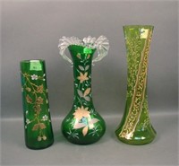 Lot of Three Victorian Bohemian Green Glass Vases