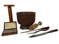 Lrg. Mortar, Wood Spool & Carving Set