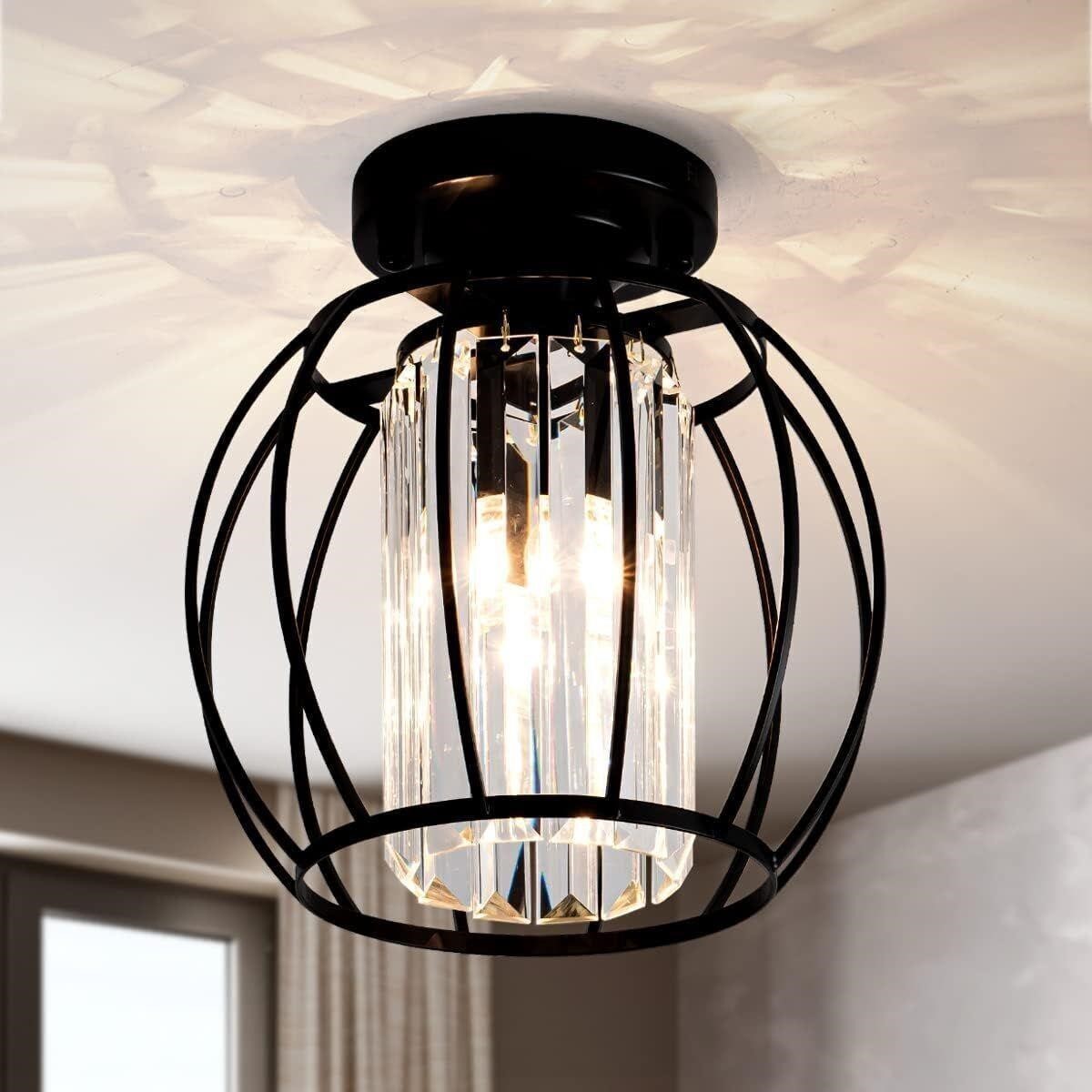 Modern Crystal Black Metal Cage Semi-Flush Light