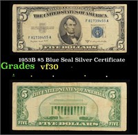 1953B $5 Blue Seal Silver Certificate Grades vf++