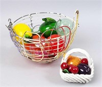 Wire Basket w/Glass Fruit & Glass Basket of Fruit