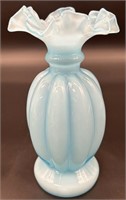 Fenton Blue Overlay Ruffle Vase
