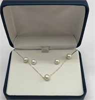 Stamped 14k Gold, Pearl Necklace and Earrings