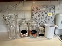Crystal Vase, Canisters, Cutting Board & Plastic