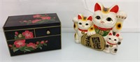 Vintage lucky cats and Hawaii jewelry box