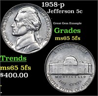 1958-p Jefferson Nickel 5c Grades GEM 5fs