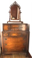 Antique Men's Walnut Burl Bureau High Boy Dresser