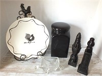 ROOSTER PLATE & STAND, GLASS WHEELBARROW & MORE