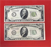 1934, 34A $10 FEDERAL RESERVE NOTES SET OF 2