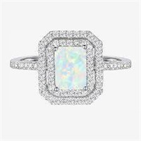 Opal Sterling Silver Halo Side Stone Ring Size 7