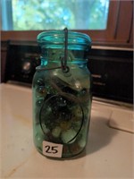 Blue Ball jar w lid and vintage marbles