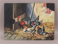 European Oil on Board Roosters at Farm
