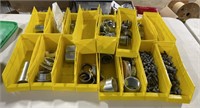 19 plastic parts bins with contents