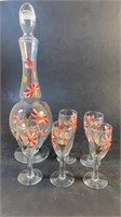 Floral Hand Painted Glass Decanter and Glasses