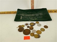 Lot of Foreign Coins and Tokens, w/ Bank Bag