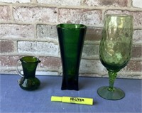 (3 PCS)  GREEN GLASS - CREAMER, VASE & STEMWARE