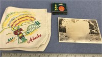 Vintage Alaska postcard, Alaska cloth napkin and A