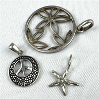 (3) 925 Silver Pendants Peace, Starfish, Flower