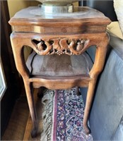 Wood Carved Stone Top Two Tiered Side Table
