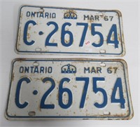 Pair of 1967 Ontario license plates.