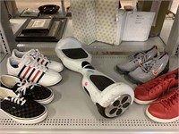 Assorted shoes and hover board. Shoes size 12-13.