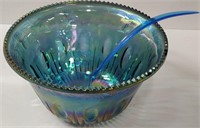 Blue Carnival Glass Punch Bowl w/ Ladle