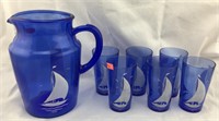 Blue Glass Pitcher with 6 Glasses