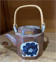 Small Asian Pottery Tea Pot, Woven Grass Handle