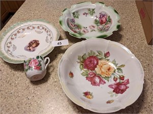 Green Floral Bowls & Cup / (3) Marked Germany