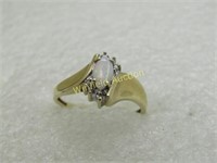 Vintage 10kt Opal Diamond Bypass Ring, Art Deco, S