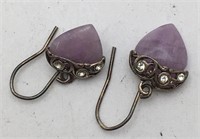 Sterling Heart Earrings W Purple & Clear Stones