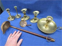 5 brass candles - ladle with copper end - etc