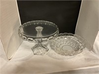 Glass bowl and cake holder on pedestal