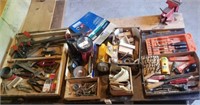 Large Table Lot Of Tools, Drill Bits, Files, Etc